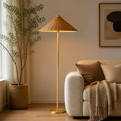 Vintage Bamboo LED Hat Shade Floor Lamp